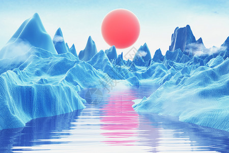 国风山水3D立体蓝色系山水红日主题国风场景设计图片