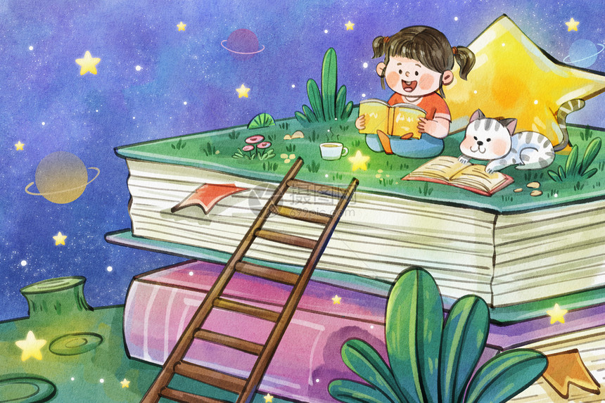 手绘水彩世界读书日之女孩与猫咪看书宇宙星球插画图片