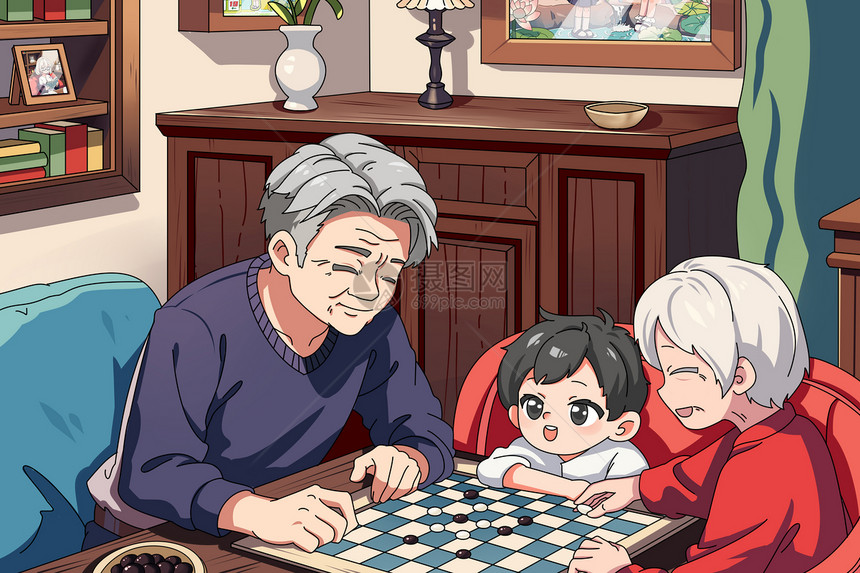 老年人孙子爷爷奶奶休闲下棋赛璐璐插画图片
