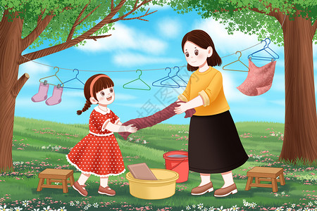 劳动者背景草地上洗衣服的母女插画