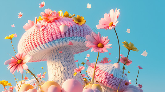 蘑菇片春天山坡上一大片美丽可爱的卡通毛线蘑菇插画