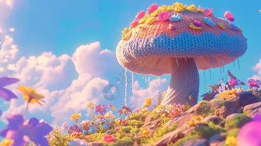 春天山坡上美丽可爱的卡通毛线蘑菇背景图片