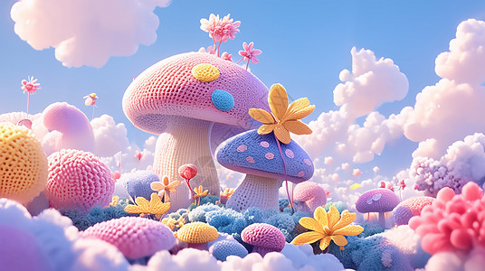 春天山坡上一大片可爱的卡通毛线蘑菇插画