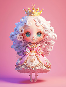 头上戴着皇冠穿着粉色公主裙的金发卡通小公主背景图片