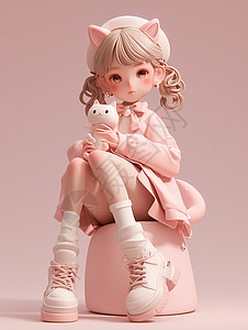 粉色3d粉色连衣裙坐在板凳上抱着玩具的小清新卡通女孩插画