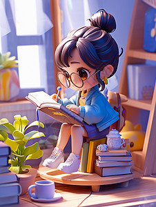 坐在很多书上戴着眼镜认真看书的立体卡通小女孩背景图片