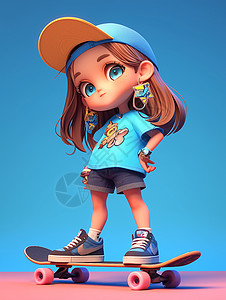 玩滑板的时尚卡通小女孩背景图片