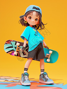 蓝色立体艺术字穿着蓝色衣服的玩滑板的时尚卡通小女孩插画