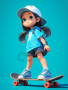 女孩玩滑板穿着蓝色T恤玩滑板的小女孩插画