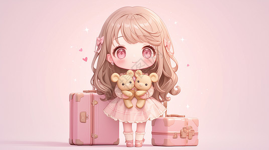 女孩与旅行箱站在大大的行李箱旁的小女孩插画