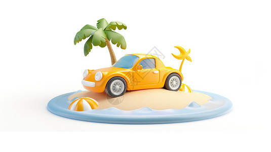 黄色图标夏天海边旅游黄色小汽车3D图标插画
