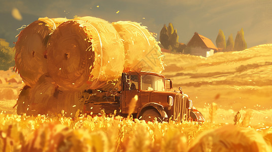 卷草拉着大大的草卷的农用车插画