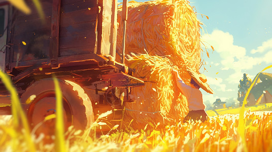 卷草在农田中拉着多个草卷的农用车插画