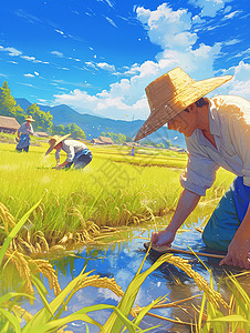 戴着草帽在农田中的农民高清图片