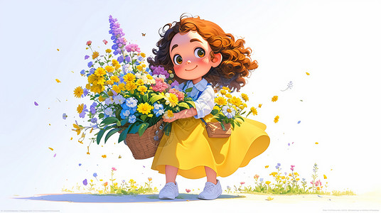 黄色的小花穿着黄色半身裙卷发可爱卡通小女孩抱着花朵插画