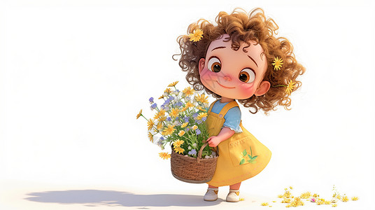 抱着花朵的卡通小女孩高清图片