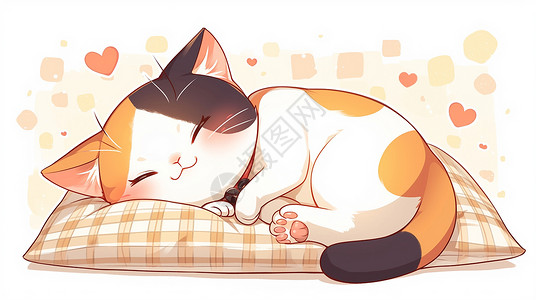 格子枕头安心正在睡觉的可爱卡通小猫插画