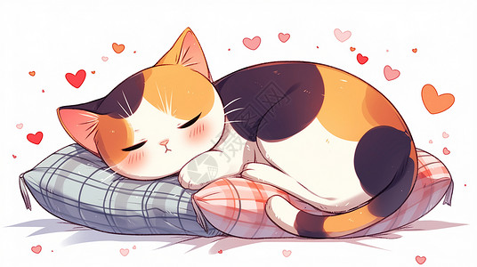 趴在枕头里睡觉趴在格子枕头上安静睡觉的可爱小猫插画