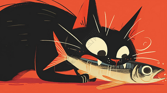 吃鱼小猫咪红色背景的正在吃鱼的卡通小黑猫插画