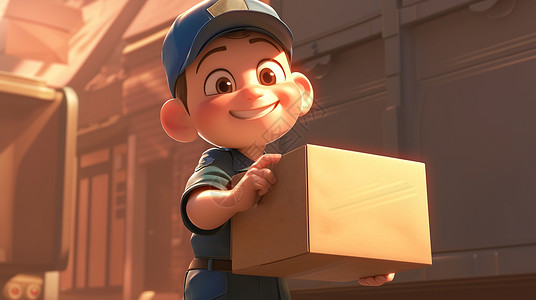 快递员卡通戴着蓝色帽子搬运东西的快递员插画