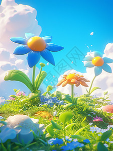 蓝天白云下彩色漂亮的花背景图片