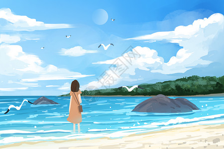 手绘夏天大海天空白云治愈系插画背景图片