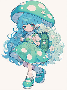 蘑菇插画穿着绿色连衣裙背着绿色书包头戴绿色帽子的卡通小女孩插画
