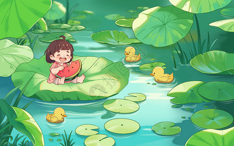 啫喱水二十四节气立夏夏天荷塘小鸭子吃西瓜的女孩插画