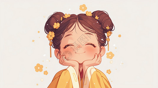 可爱小女孩头像穿着黄色古风服装双手托着脸面带微笑的小女孩插画