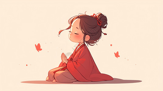 红色的蝴蝶穿着红色古风服装坐着安静休息的古风女孩插画