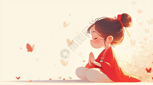 蝴蝶GIF穿着红色古风服装坐着的古风卡通女孩插画
