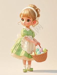 手上拎着彩蛋花篮穿着绿色连衣裙的可爱卡通小女孩插画