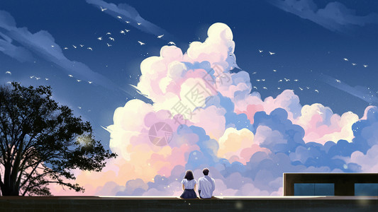 云层上方唯美户外情侣天空插画插画
