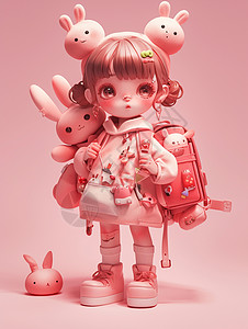 背着书包女孩背着粉色书包可爱的立体卡通小女孩IP插画