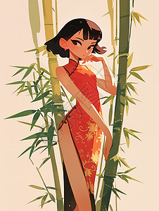 秀长腿穿着旗袍在竹林间的卡通女人插画