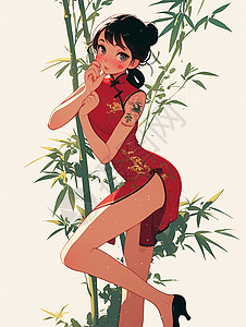 性感腿穿着红色旗袍在竹林间的卡通女人插画