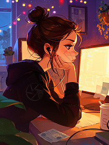 戴着耳机听音乐的卡通女孩在电脑前工作图片