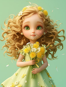 抱着一束黄色小花卷发立体可爱的卡通小女孩高清图片