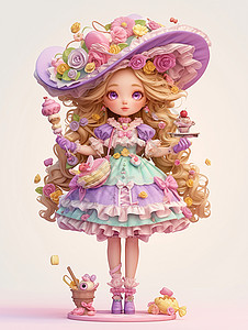 糖果紫色穿着华丽华丽蓬蓬裙可爱的卡通小女孩插画
