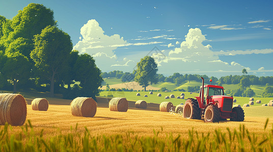 蓝天白云下一个卡通拖拉机在田地间背景图片