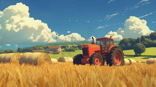 蓝天下一个卡通拖拉机在田地间背景图片
