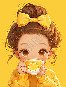 卡通茶杯喝柠檬茶头戴蝴蝶结发卡的卡通小女孩插画