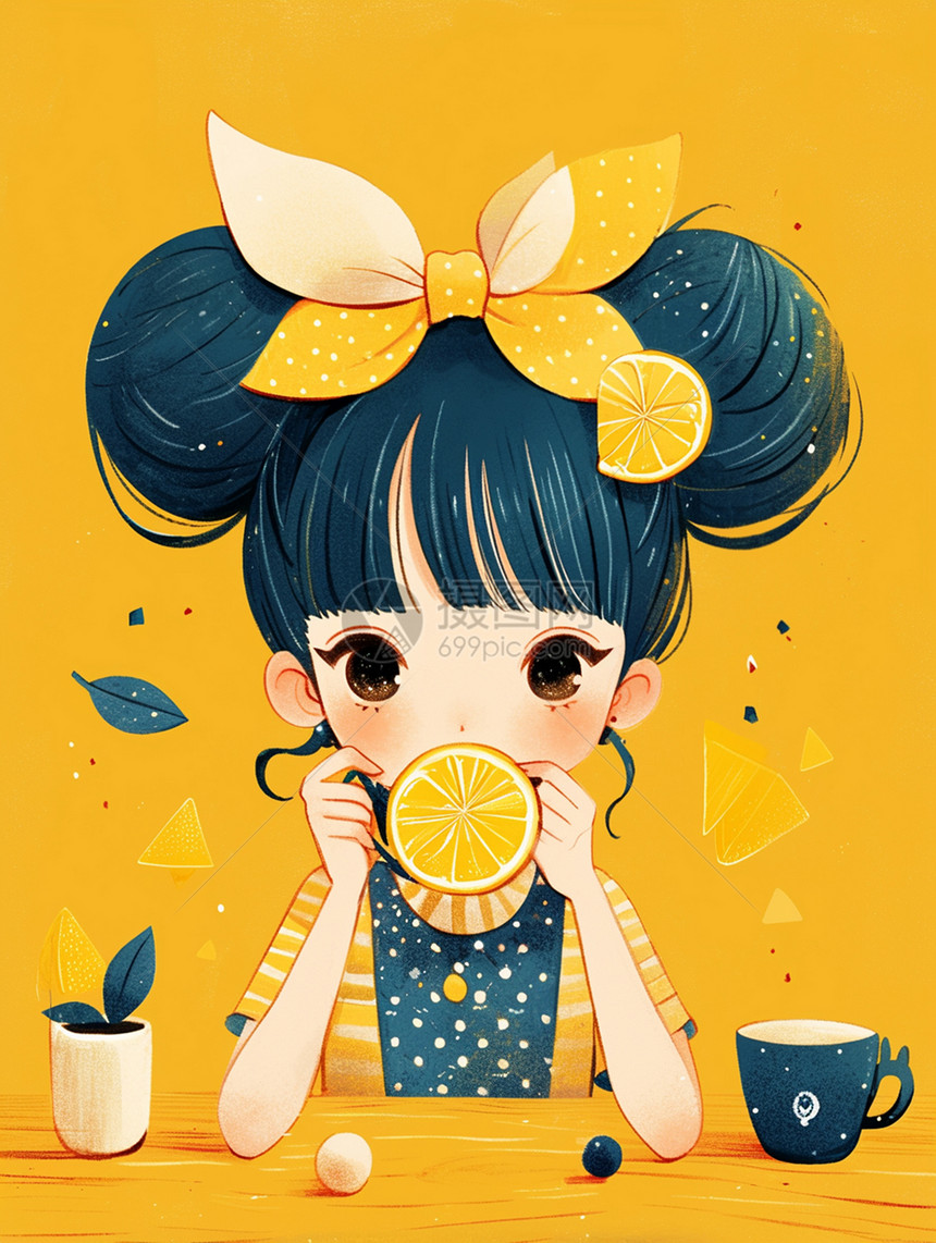吃柠檬扎丸子头可爱的小女孩图片