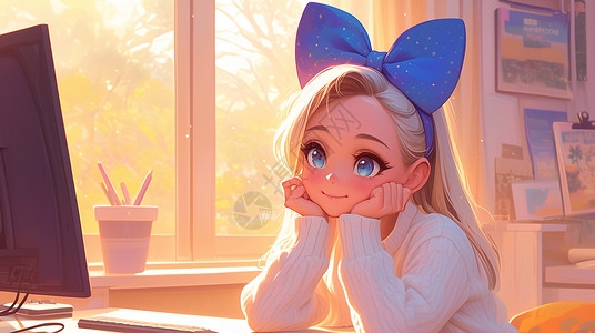 坐在桌子旁穿着白色上衣头戴着蓝色蝴蝶结发卡的卡通小女孩背景图片