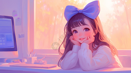 蓝色的蝴蝶结坐在桌子旁穿着白色上衣头戴着蝴蝶结发卡的卡通小女孩插画