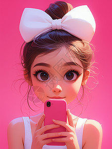 头上戴着大大的蝴蝶结拿着手机拍照的小女孩背景图片
