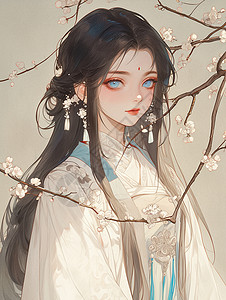 桃花落在桃树下的古风装扮仙气飘飘的女人插画