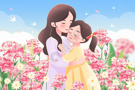 唯美清新母亲节母女在康乃馨花丛中插画高清图片