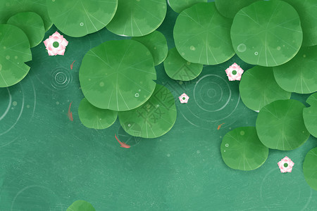 绿植墙背景立夏小清新水面上的荷花荷叶插画背景插画