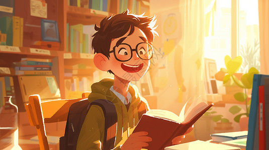 开心的男孩午后在书房打开书籍开心看书的卡通小男孩插画